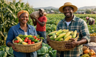 African farmers in rural fields with crops, highlighting food abundance amid systemic hunger challenges.