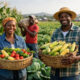 African farmers in rural fields with crops, highlighting food abundance amid systemic hunger challenges.