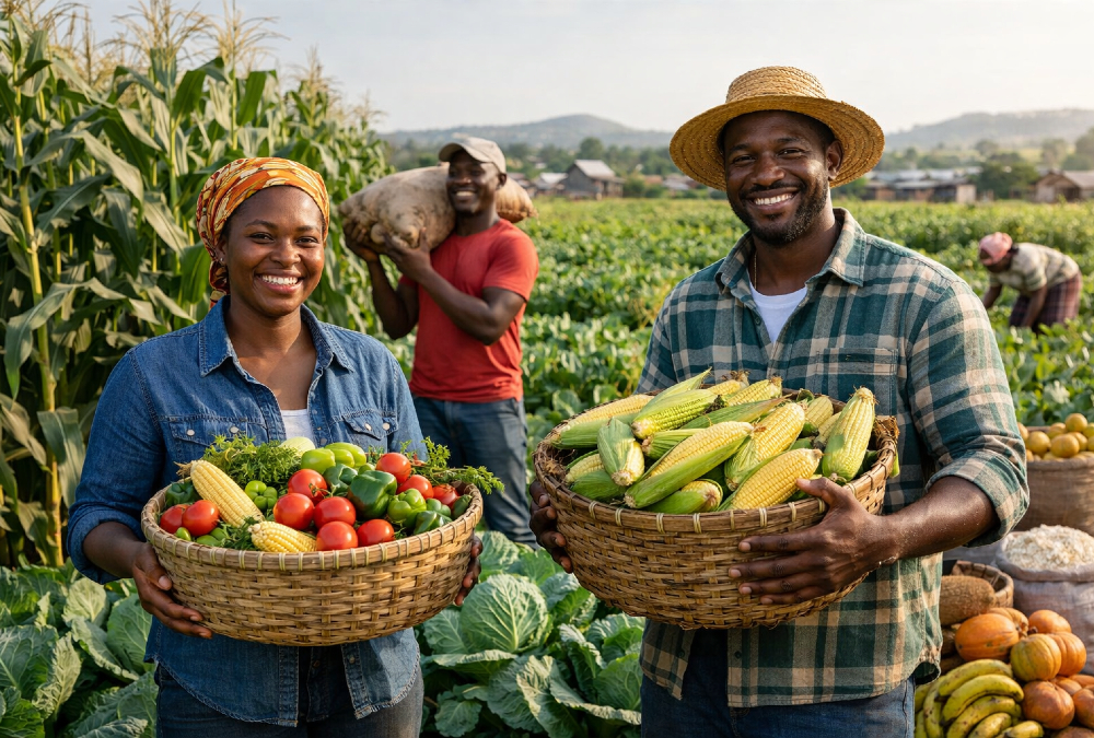 African farmers in rural fields with crops, highlighting food abundance amid systemic hunger challenges.