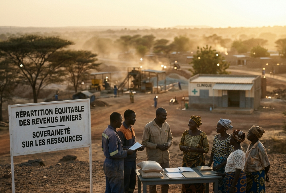 Mali gold mining site with local communities benefiting from new mining code, illustrating resource sovereignty and revenue redistribution in Africa