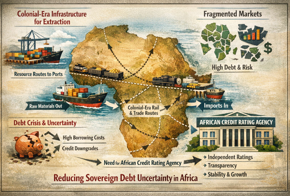 Infographic illustrating Africa’s colonial-era infrastructure design for extraction, fragmented markets, and the need for an African Credit Rating Agency to reduce sovereign debt uncertainty.