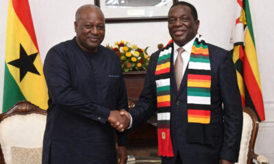 Ghana and Zimbabwe leaders shaking hands during state visit symbolizing bilateral trade partnership in Africa