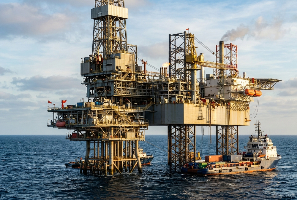 Offshore seismic survey vessel operating in Jamaican waters over the Walton-Morant license area, exploring for potential oil and gas reserves.