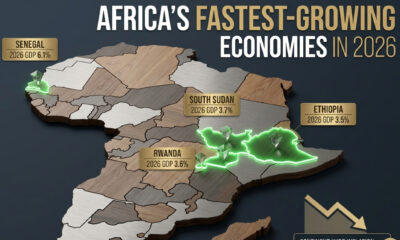 Map of Africa highlighting fastest-growing economies in 2026: South Sudan, Ethiopia, Uganda, Rwanda, and Senegal, with continent-wide inflation falling to 10.3 percent.