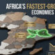 Map of Africa highlighting fastest-growing economies in 2026: South Sudan, Ethiopia, Uganda, Rwanda, and Senegal, with continent-wide inflation falling to 10.3 percent.
