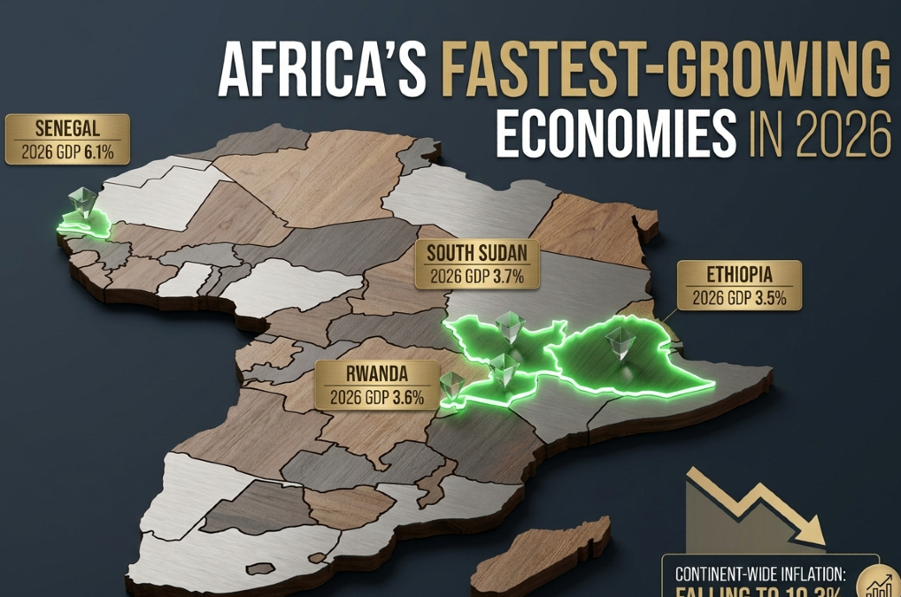 Map of Africa highlighting fastest-growing economies in 2026: South Sudan, Ethiopia, Uganda, Rwanda, and Senegal, with continent-wide inflation falling to 10.3 percent.