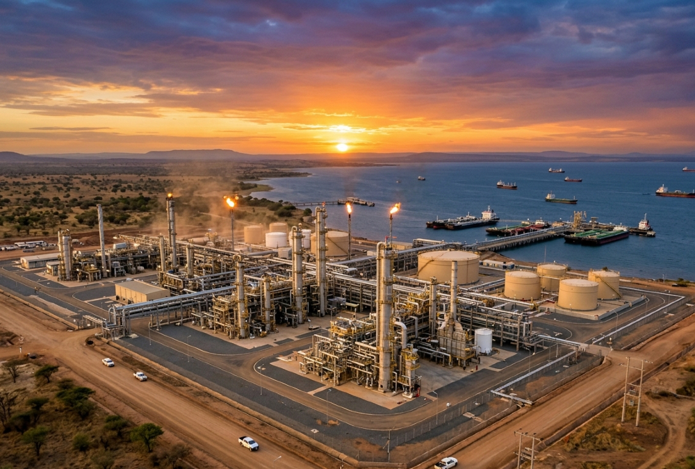 African oil and gas infrastructure at sunset symbolizing energy expansion, not just transition, to power the continent's next decade with reliable hydrocarbons.