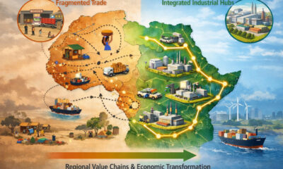 Map of Africa showing shift from fragmented trade threads to integrated industrial hubs for regional value chains and economic transformation.