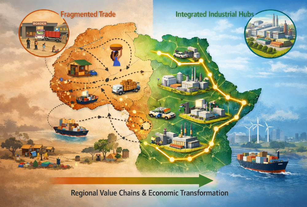 Map of Africa showing shift from fragmented trade threads to integrated industrial hubs for regional value chains and economic transformation.