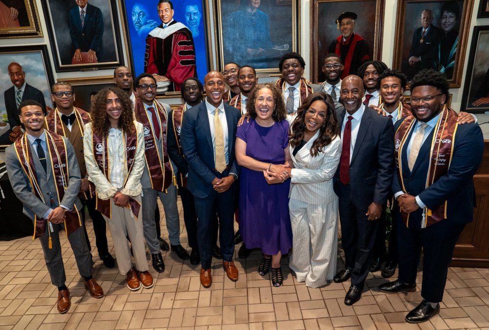 Oprah Winfrey visits Morehouse College to surprise graduating members of her scholarship program, founded in 1989.