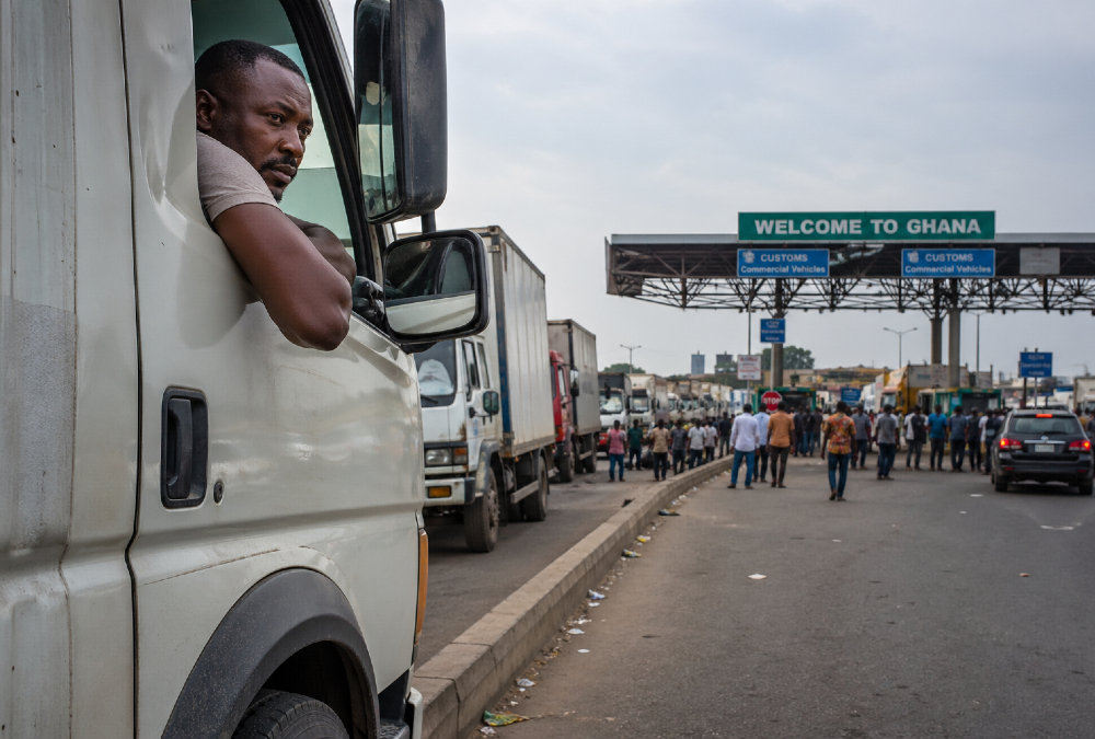 African truck driver waiting at a crowded border crossing with customs booths, symbolizing operational delays and cross-border trade bottlenecks across the continent.