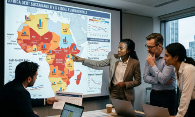 Investors analyzing Africa debt stress test and fiscal fundamentals on a map.