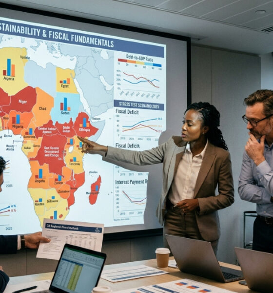 Investors analyzing Africa debt stress test and fiscal fundamentals on a map.