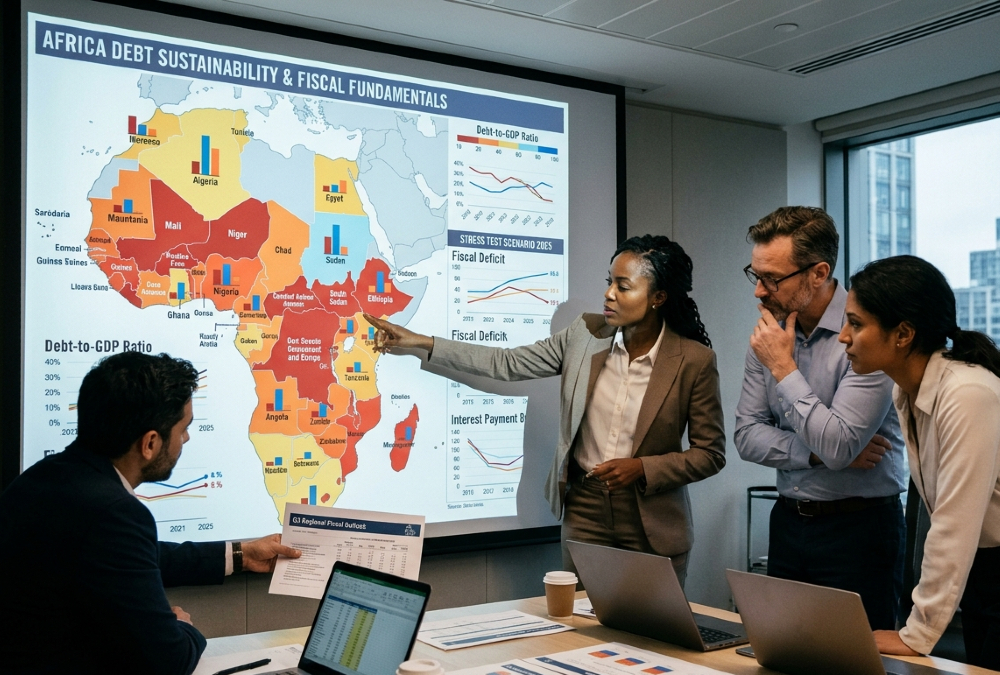 Investors analyzing Africa debt stress test and fiscal fundamentals on a map.