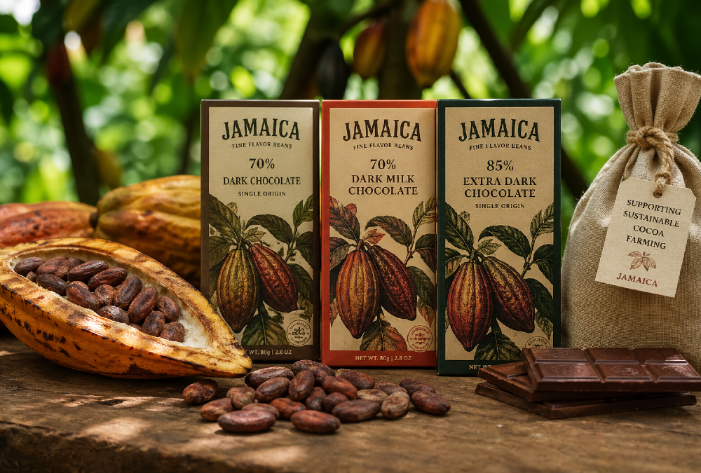 Locally made Jamaican chocolate bars supporting sustainable cocoa farming and fine flavor bean heritage