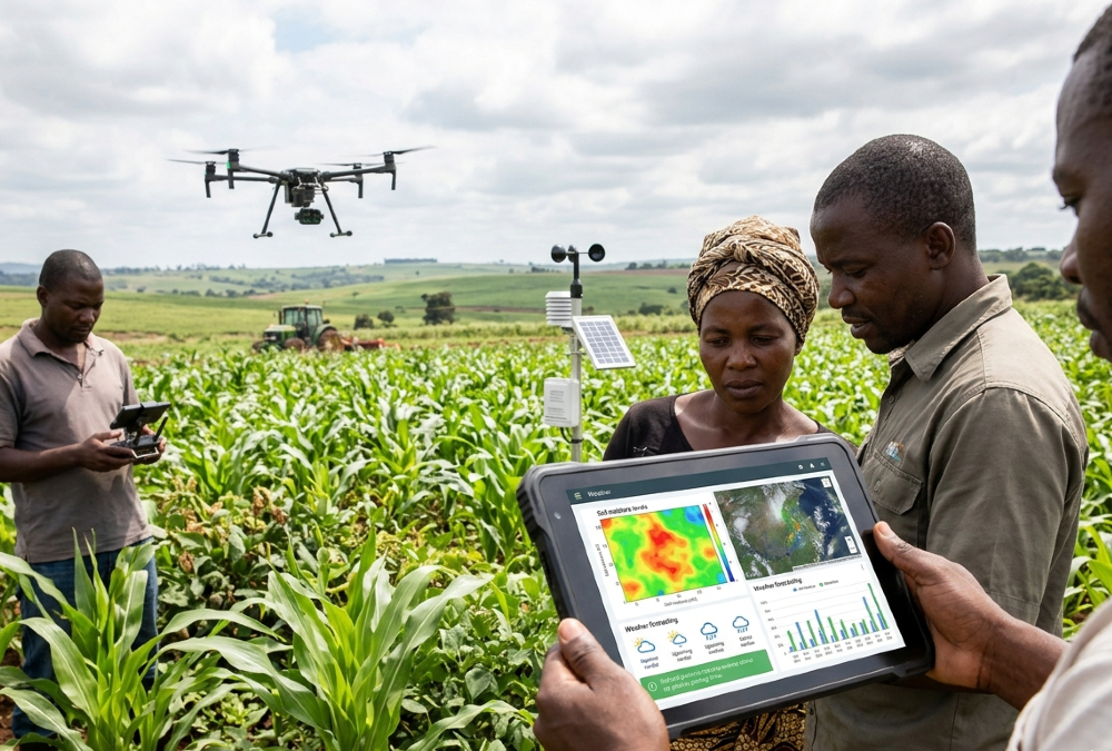 African farmers using artificial intelligence tools and data-driven technology to improve crop yields, predict weather patterns, and modernize agriculture across the continent amid rising food demand and climate challenges.