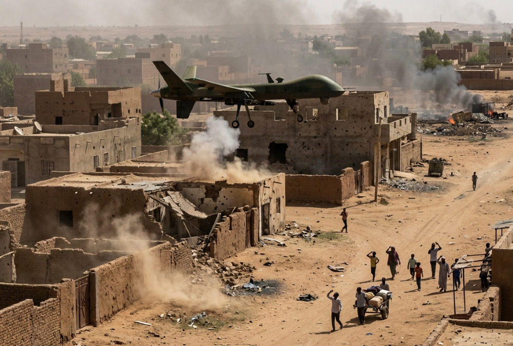 Drone striking over Sudan during the civil war, highlighting regional instability, humanitarian crisis, and the impact on civilians and infrastructure.