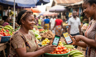 African market vendor accepting mobile money payment demonstrating financial inclusion