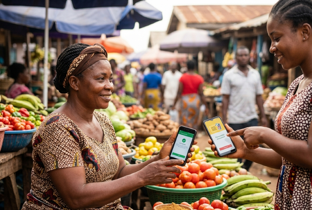 African market vendor accepting mobile money payment demonstrating financial inclusion