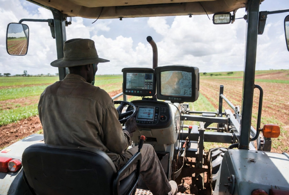 African farmer operating precision agriculture tractor with GPS dashboard and real-time soil data display in Zambia