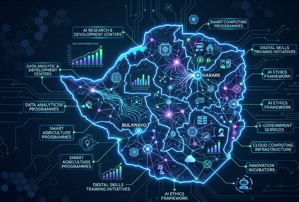 A digital map of Zimbabwe overlaid with AI and data network nodes, representing the country's national artificial intelligence strategy and 100-day implementation sprint.