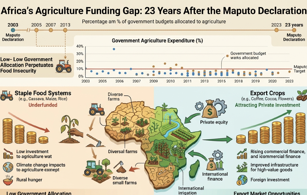 Please generate a realistic image of dimensions 1536 by 1024 from the following theme: Infographic showing Africa's agriculture funding gap: 23 years after the Maputo Declaration, most governments still allocate less than 10% of budgets to agriculture, leaving staple food systems underfunded while export crops attract private investment.
