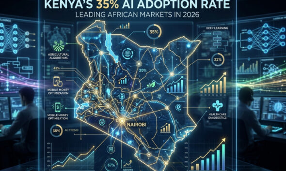 Artificial intelligence technology visualization representing Kenya's 35% AI adoption rate, leading African markets in 2026