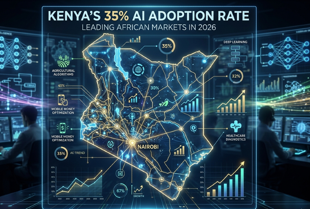 Artificial intelligence technology visualization representing Kenya's 35% AI adoption rate, leading African markets in 2026