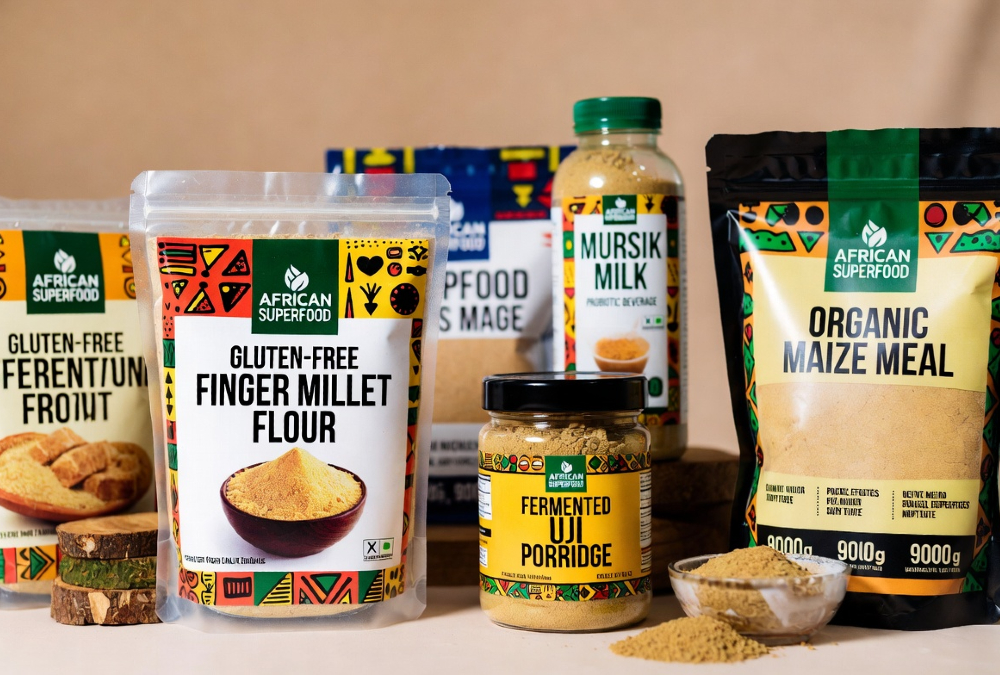 Value-added, African superfood products, including gluten-free finger millet flour and fermented foods like Uji porridge and Mursik milk probiotic beverages for the international health food market