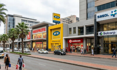 Logos or storefronts of Africa's top billion-dollar companies including Shoprite, MTN, Vodacom, Sasol, and Bidcorp representing Africa's largest corporations by annual revenue