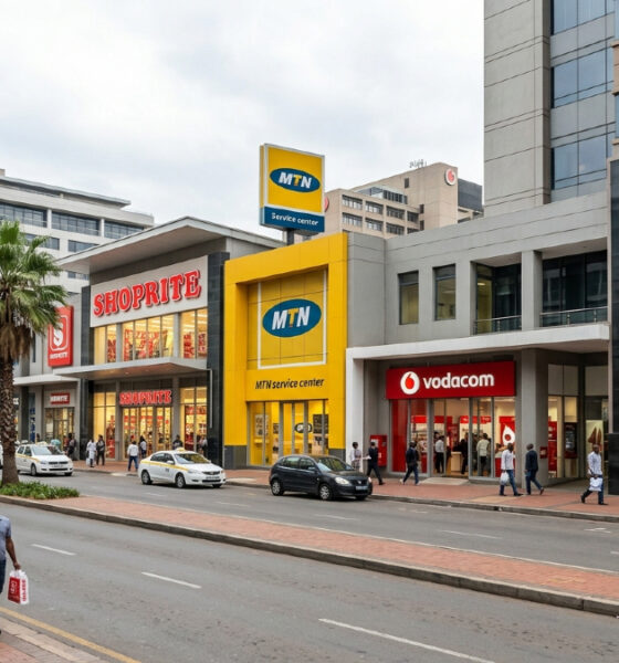 Logos or storefronts of Africa's top billion-dollar companies including Shoprite, MTN, Vodacom, Sasol, and Bidcorp representing Africa's largest corporations by annual revenue