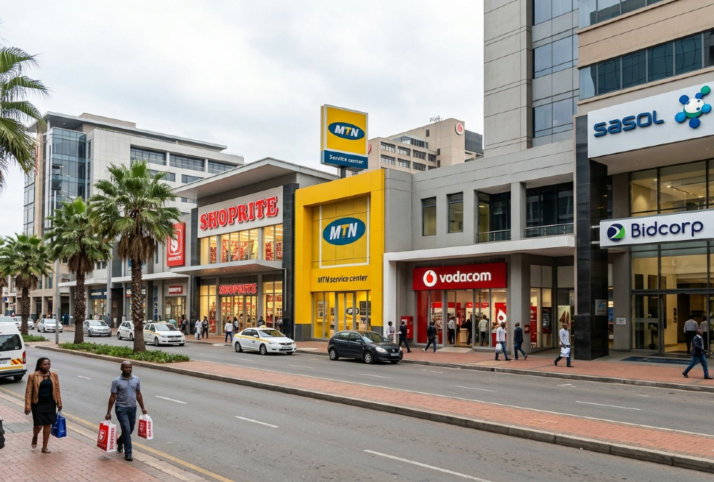 Logos or storefronts of Africa's top billion-dollar companies including Shoprite, MTN, Vodacom, Sasol, and Bidcorp representing Africa's largest corporations by annual revenue