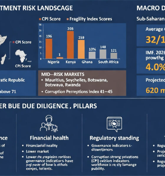 Infographic illustrating Africa's three-tier investment risk landscape: high-risk markets including South Sudan, DRC, and Mali with Fragility Index scores above 71; mid-risk markets including Nigeria, Kenya, Ghana, and South Africa with CPI scores of 41–45; and lower-risk markets including Mauritius, Seychelles, Botswana, and Rwanda with strong governance indicators. Macro data shows Sub-Saharan Africa's average CPI of 32/100, IMF 2026 growth projection of 4.0%, and a projected workforce of 620 million by 2050. A second section highlights the four pillars of cross-border due diligence: corporate existence, financial health, regulatory standing, and track record.