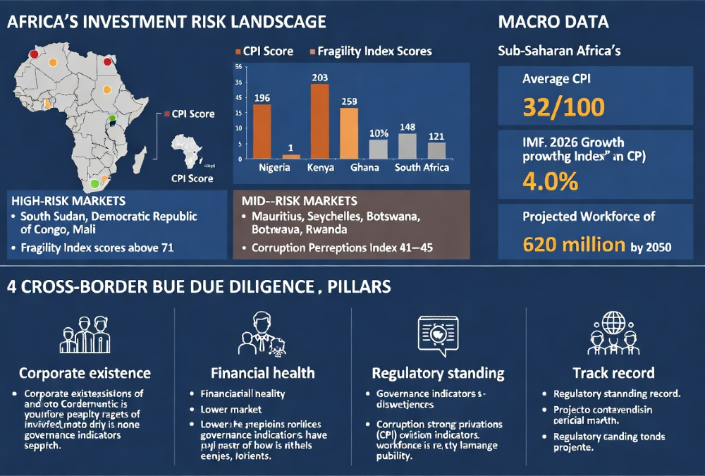 Infographic illustrating Africa's three-tier investment risk landscape: high-risk markets including South Sudan, DRC, and Mali with Fragility Index scores above 71; mid-risk markets including Nigeria, Kenya, Ghana, and South Africa with CPI scores of 41–45; and lower-risk markets including Mauritius, Seychelles, Botswana, and Rwanda with strong governance indicators. Macro data shows Sub-Saharan Africa's average CPI of 32/100, IMF 2026 growth projection of 4.0%, and a projected workforce of 620 million by 2050. A second section highlights the four pillars of cross-border due diligence: corporate existence, financial health, regulatory standing, and track record.
