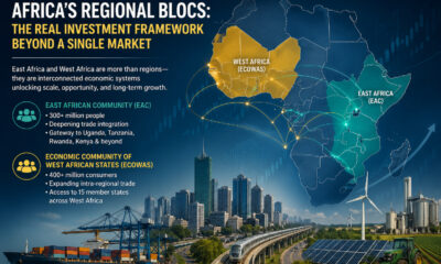 Illustration of Africa regional blocs investment highlighting East and West Africa as interconnected markets with trade networks, infrastructure development, and growing economic opportunities.