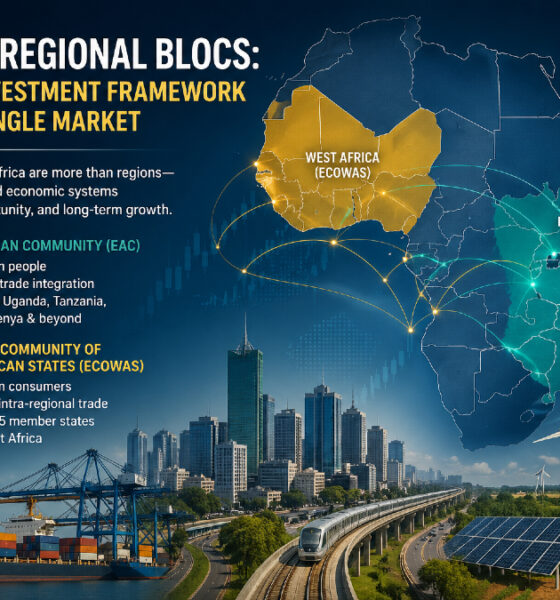 Illustration of Africa regional blocs investment highlighting East and West Africa as interconnected markets with trade networks, infrastructure development, and growing economic opportunities.
