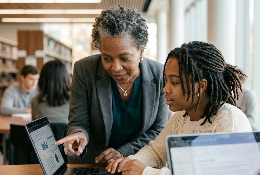 Older Black mentor guiding young Black student with laptop, reflecting importance of visible pathways and support.
