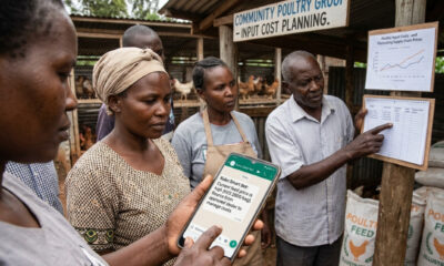 AI in African agriculture showing smallholder farmers using AI tools like WhatsApp chatbots alongside community-based decision making, highlighting supply chain and input cost challenges in poultry farming in Kenya.