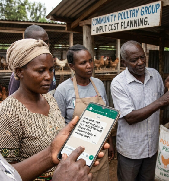 AI in African agriculture showing smallholder farmers using AI tools like WhatsApp chatbots alongside community-based decision making, highlighting supply chain and input cost challenges in poultry farming in Kenya.