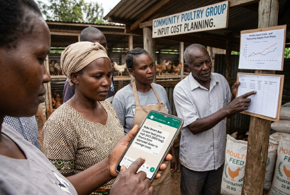 AI in African agriculture showing smallholder farmers using AI tools like WhatsApp chatbots alongside community-based decision making, highlighting supply chain and input cost challenges in poultry farming in Kenya.
