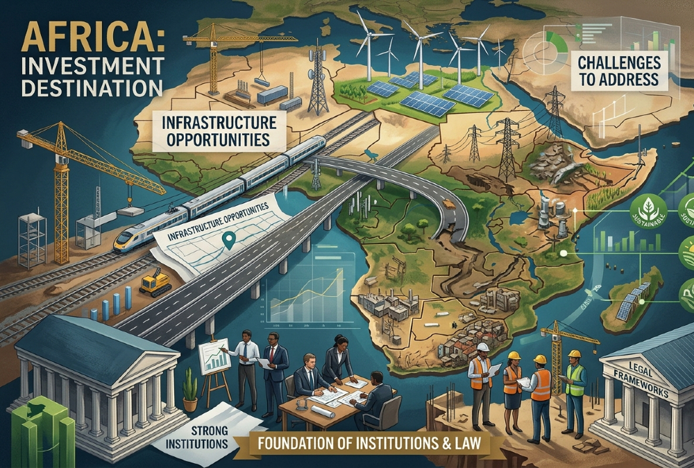 Illustration of Africa as an investment destination highlighting opportunities, infrastructure challenges, and the need for strong institutions and legal frameworks to support sustainable business growth.