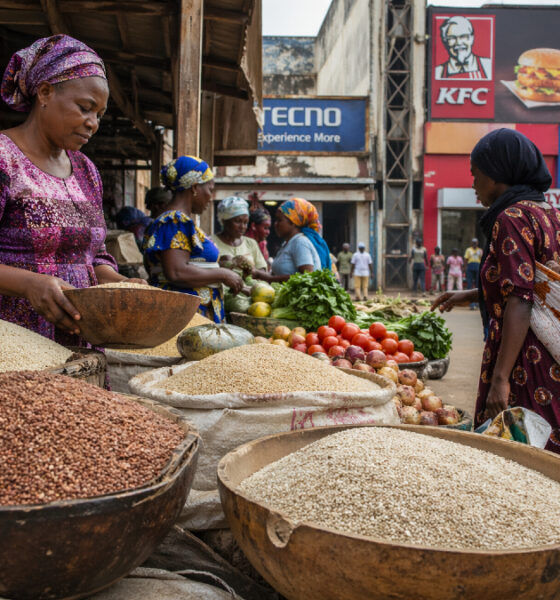 Modern African market scene with fresh traditional foods like millet, sorghum, and vegetables, symbolizing healthy local diets contrasted with urban processed food culture and the impact of Western development on public health