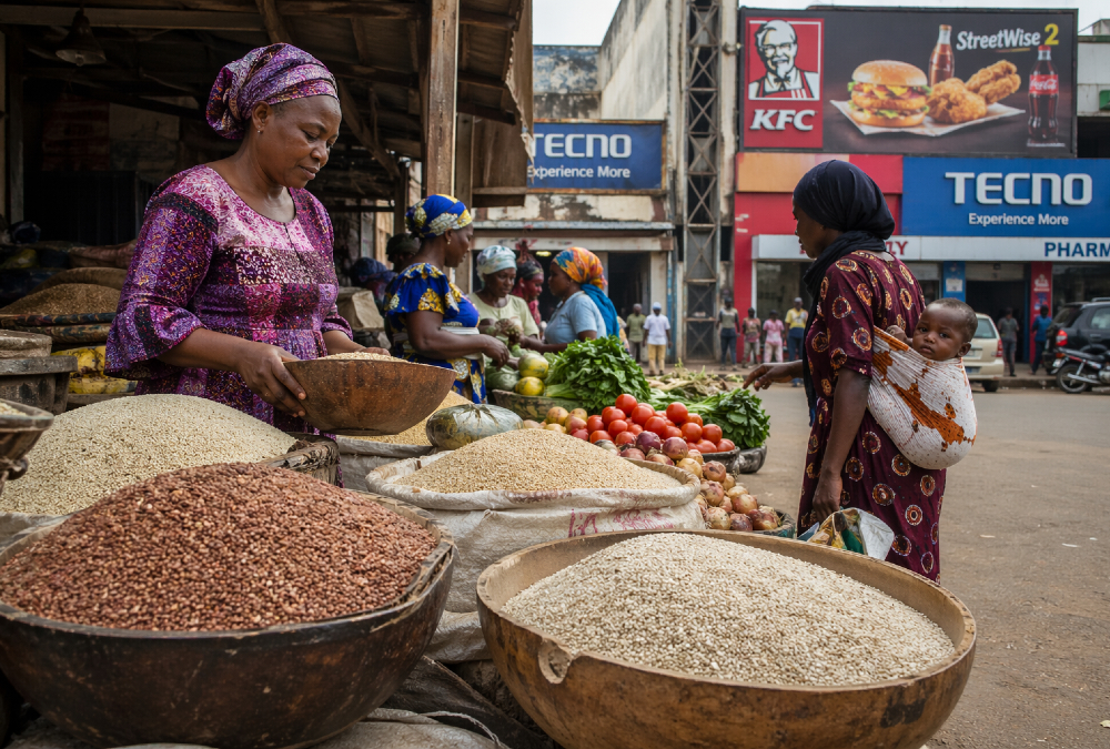 Modern African market scene with fresh traditional foods like millet, sorghum, and vegetables, symbolizing healthy local diets contrasted with urban processed food culture and the impact of Western development on public health