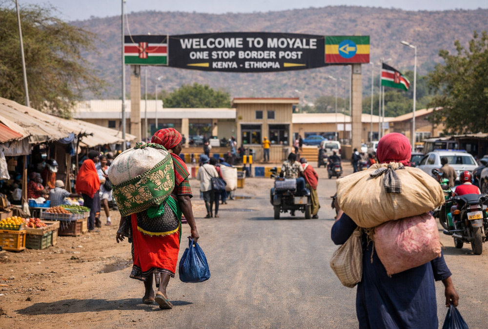 Small-scale traders crossing Moyale border between Kenya and Ethiopia