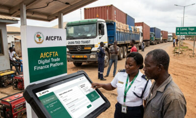 AfCFTA digital trade finance platform concept highlighting African border crossings, cargo movement, and challenges in real-world implementation of digital trade systems across West Africa
