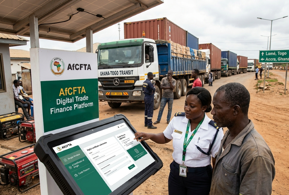 AfCFTA digital trade finance platform concept highlighting African border crossings, cargo movement, and challenges in real-world implementation of digital trade systems across West Africa
