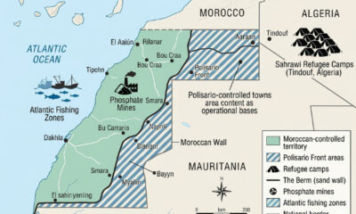 Western Sahara conflict map showing Moroccan-controlled territory, Polisario Front areas, refugee camps in Tindouf, and key resources like phosphate mines and Atlantic fishing zones