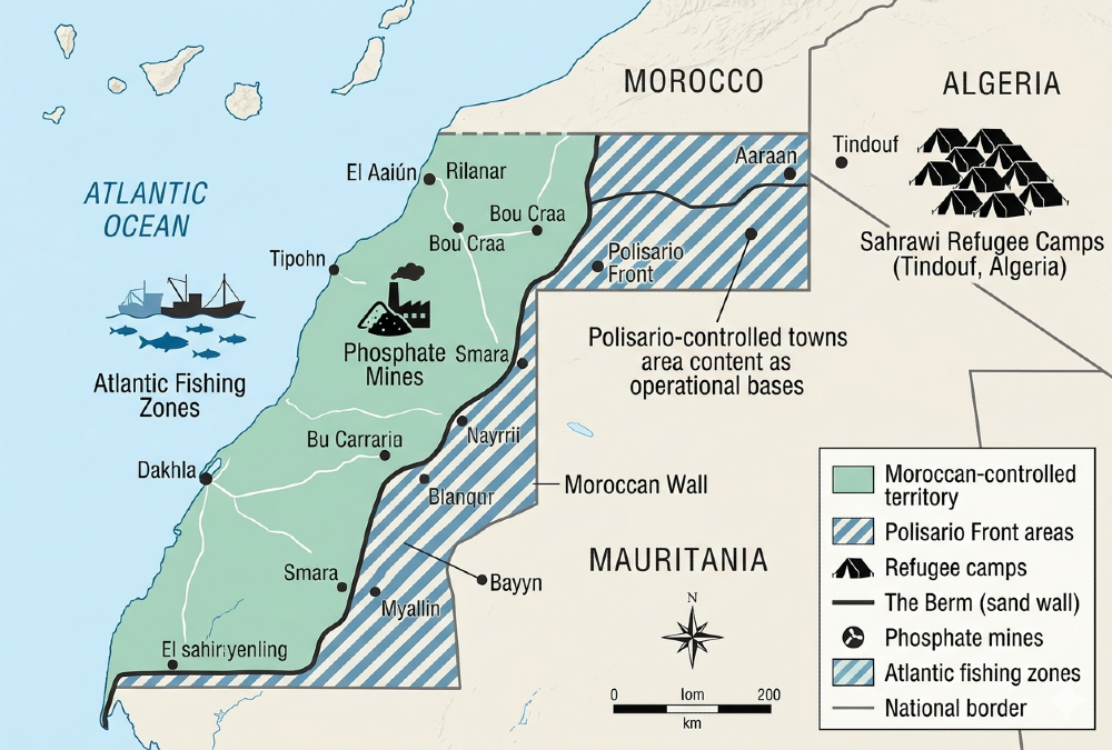 Western Sahara conflict map showing Moroccan-controlled territory, Polisario Front areas, refugee camps in Tindouf, and key resources like phosphate mines and Atlantic fishing zones