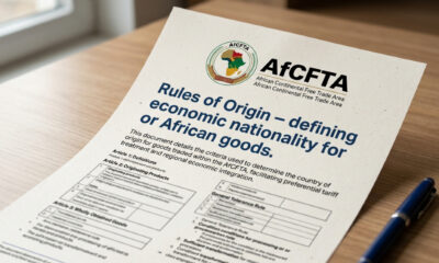 Close-up of trade document with AfCFTA logo and text "Rules of Origin – defining economic nationality for African goods.