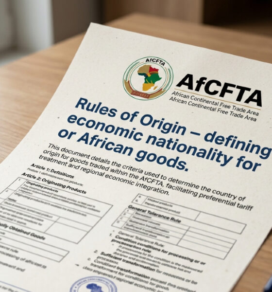 Close-up of trade document with AfCFTA logo and text "Rules of Origin – defining economic nationality for African goods.